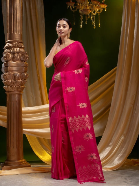 

Mitera Pink & Gold-Toned Paisley Pure Linen Saree