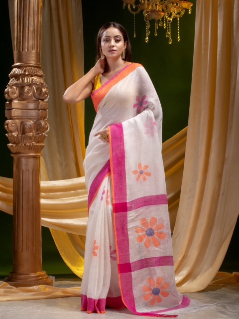 

Mitera Off White & Pink Floral Zari Pure Linen Heavy Work Saree