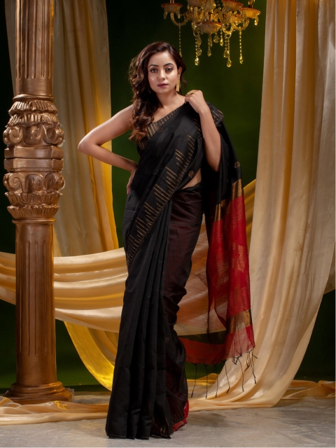 

Mitera Black & Red Woven Design Silk Cotton Zari Saree