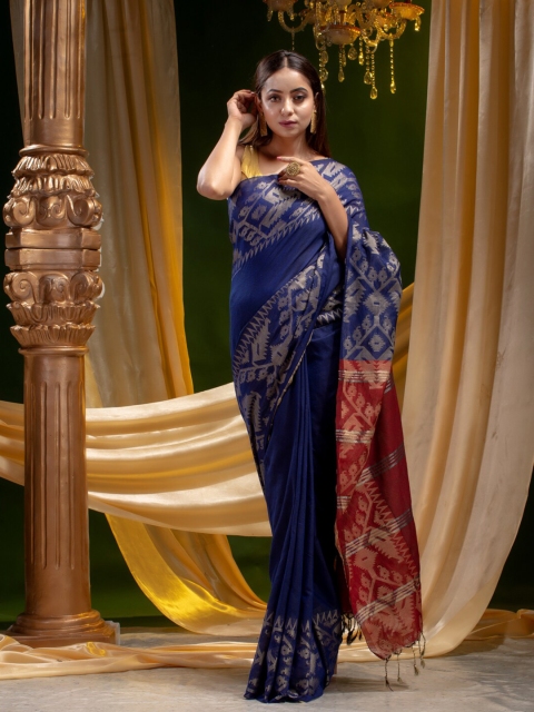 

Mitera Blue & Red Woven Design Pure Cotton Zari Saree
