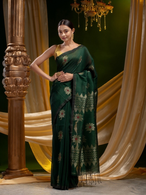 

Mitera Green & Gold-Toned Woven Design Zari Pure Linen Saree