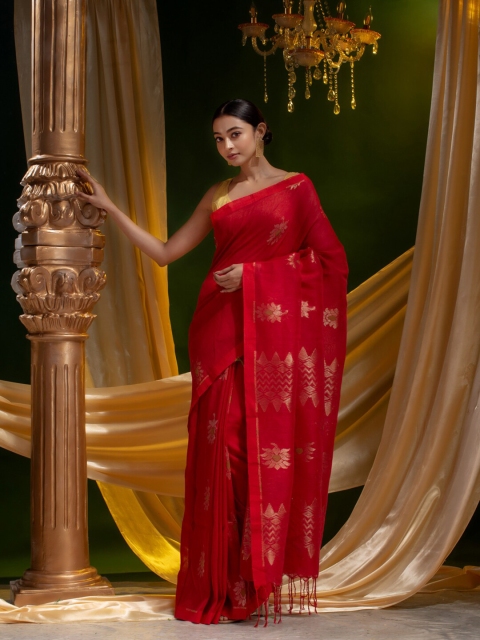 

Mitera Red & Gold-Toned Floral Pure Linen Saree