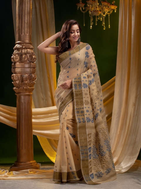 

Mitera Beige & Blue Woven Design Pure Cotton Saree
