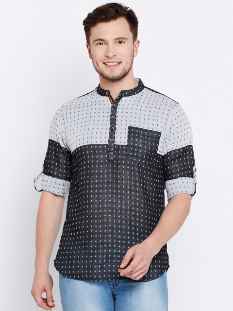 

The Indian Garage Co Men Charcoal Grey & Off-White Woven Design Straight Kurta