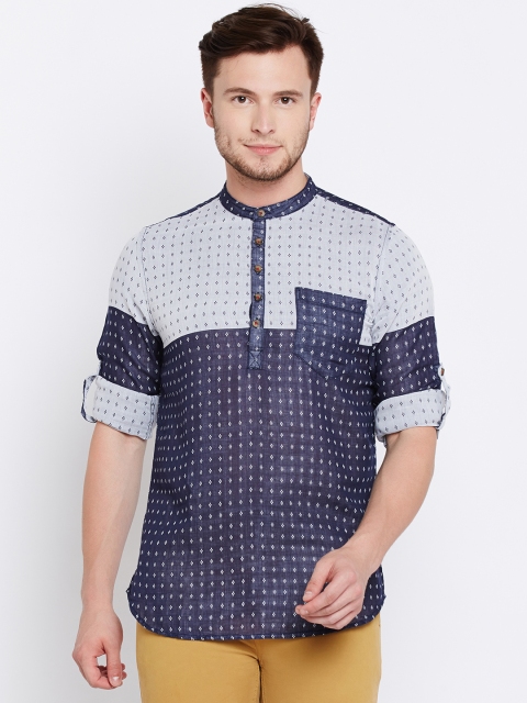 

The Indian Garage Co Men Navy Blue & Grey Woven Design Straight Kurta