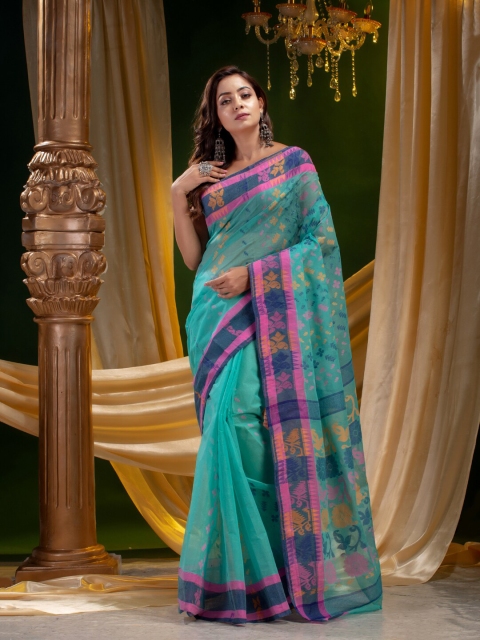 

Mitera Sea Green & Pink Woven Design Pure Cotton Saree