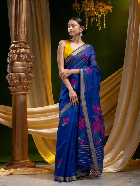 

Mitera Blue & Pink Floral Silk Cotton Saree