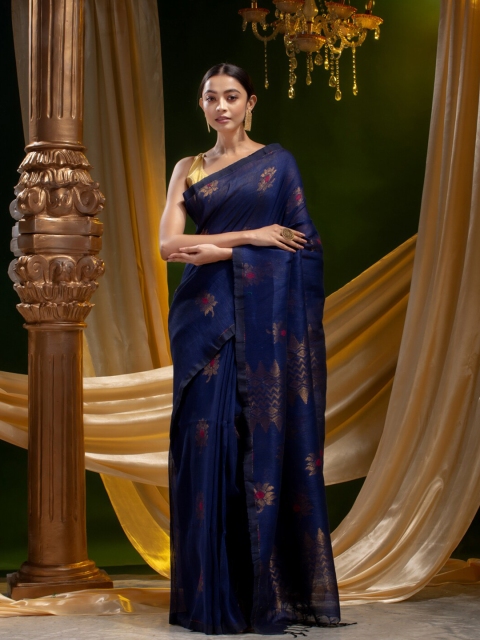 

Mitera Blue & Gold-Toned Woven Design Pure Linen Heavy Work Saree