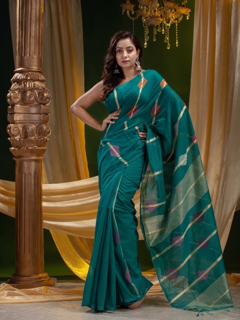 

Mitera Sea Green & Gold-Toned Ethnic Motifs Zari Silk Cotton Heavy Work Saree
