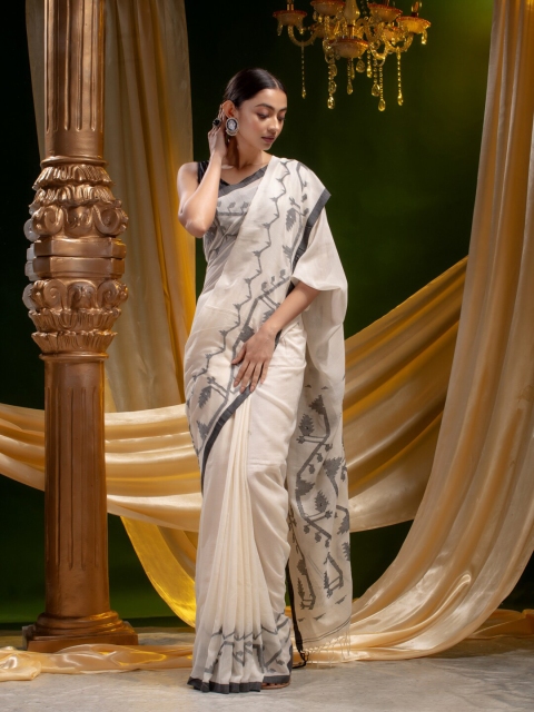

Mitera Off White & Grey Woven Design Pure Cotton Saree