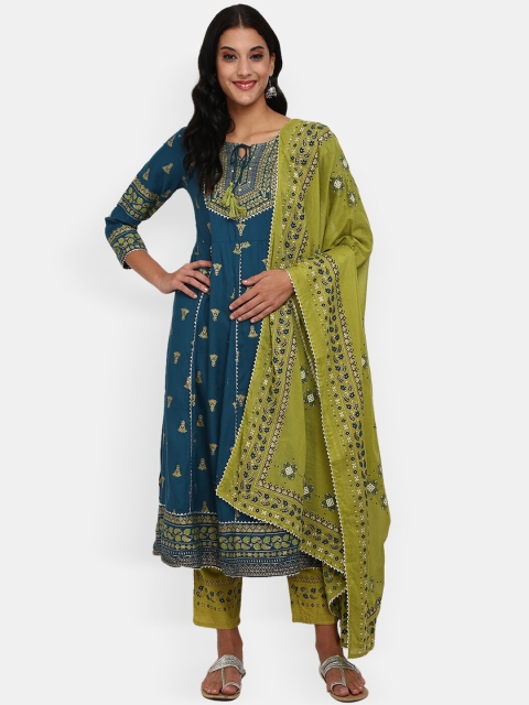 

V-Mart Women Teal Ethnic Motifs Printed Mirror Work Kurta with Palazzos & Dupatta