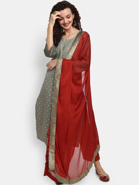 

V-Mart Women Grey Sequinned Chanderi Silk Kurta with Trousers & Dupatta