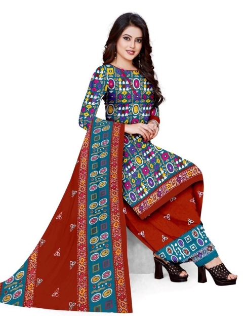 

INDIAN HERITAGE Red & Blue Printed Silk Crepe Unstitched Dress Material