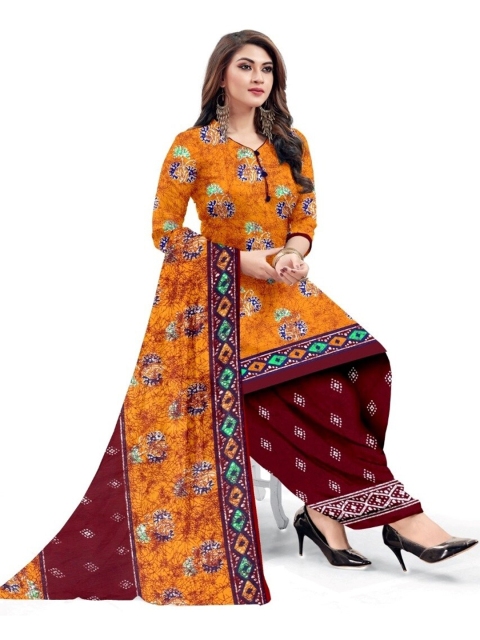 

INDIAN HERITAGE Orange & Maroon Printed Silk Crepe Unstitched Dress Material