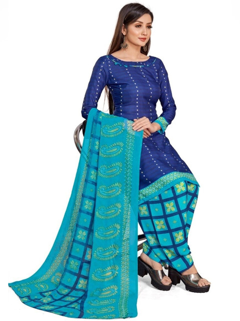 

INDIAN HERITAGE Blue & Green Printed Silk Crepe Unstitched Dress Material