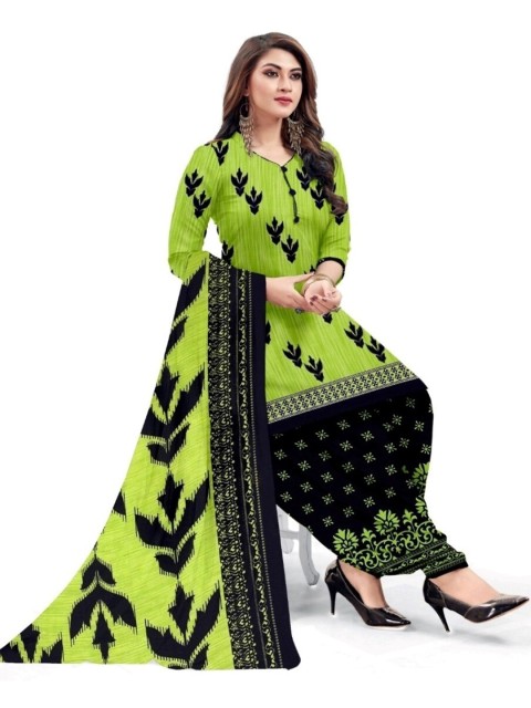 

INDIAN HERITAGE Green & Black Printed Silk Crepe Unstitched Dress Material