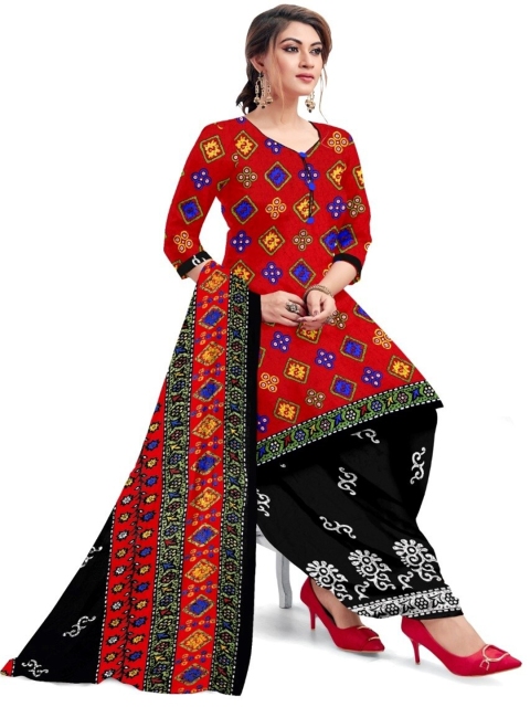 

INDIAN HERITAGE Red & Black Printed Silk Crepe Unstitched Dress Material