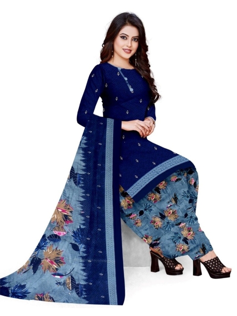

INDIAN HERITAGE Navy Blue & Brown Printed Silk Crepe Unstitched Dress Material