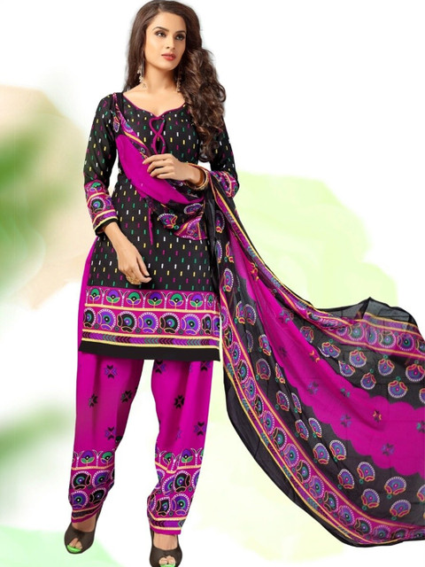 

INDIAN HERITAGE Black & Pink Printed Silk Crepe Unstitched Dress Material