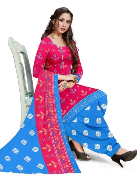

INDIAN HERITAGE Pink & Blue Printed Silk Crepe Unstitched Dress Material