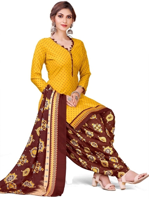 

INDIAN HERITAGE Yellow & Brown Printed Silk Crepe Unstitched Dress Material