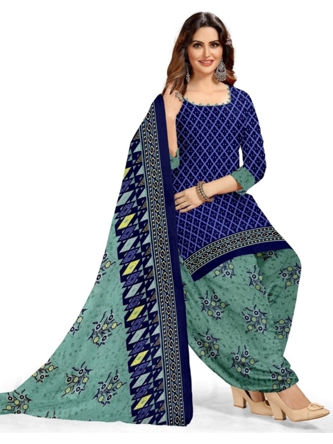 

INDIAN HERITAGE Blue & Green Printed Silk Crepe Unstitched Dress Material