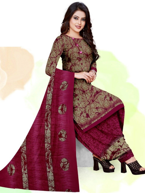 

INDIAN HERITAGE Maroon & Beige Printed Silk Crepe Unstitched Dress Material