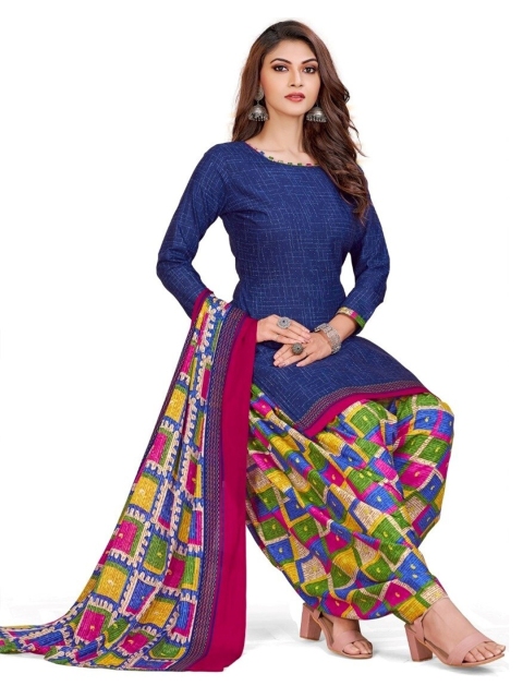

INDIAN HERITAGE Navy Blue & Green Printed Silk Crepe Unstitched Dress Material