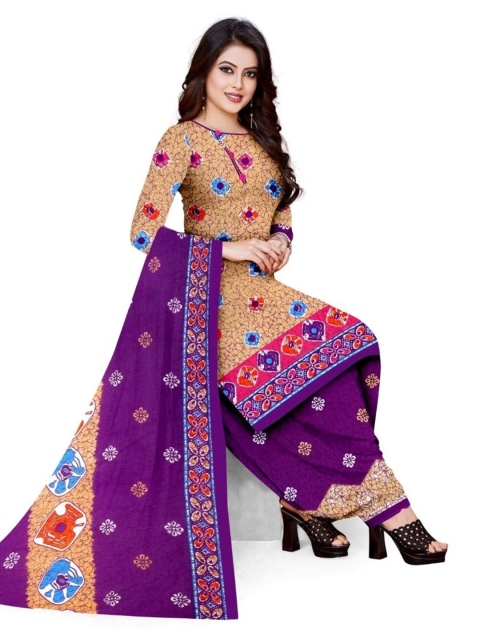 

INDIAN HERITAGE Beige & Violet Printed Silk Crepe Unstitched Dress Material