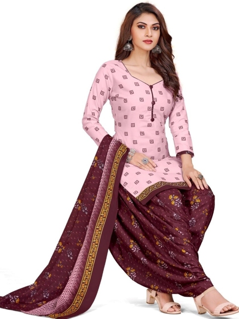 

INDIAN HERITAGE Pink & Brown Printed Silk Crepe Unstitched Dress Material