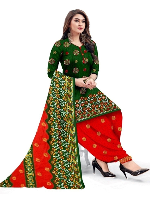 

INDIAN HERITAGE Green & Red Printed Silk Crepe Unstitched Dress Material
