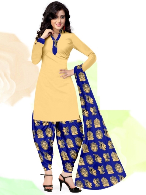 

INDIAN HERITAGE Yellow & Blue Printed Silk Crepe Unstitched Dress Material