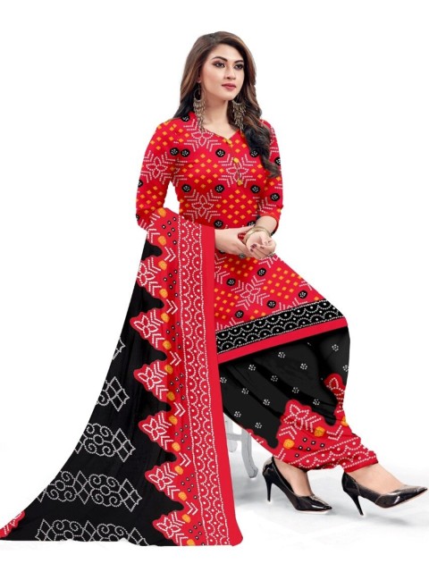 

INDIAN HERITAGE Red & Black Printed Silk Crepe Unstitched Dress Material