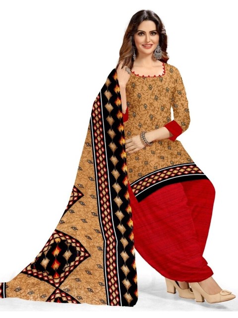 

INDIAN HERITAGE Peach-Coloured & Red Printed Silk Crepe Unstitched Dress Material