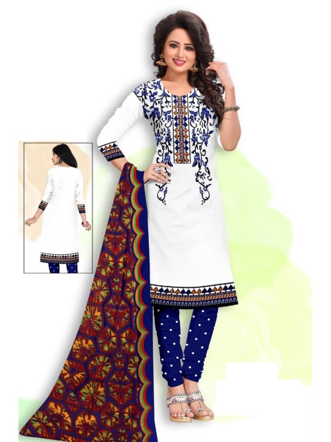 

INDIAN HERITAGE White & Blue Printed Silk Crepe Unstitched Dress Material