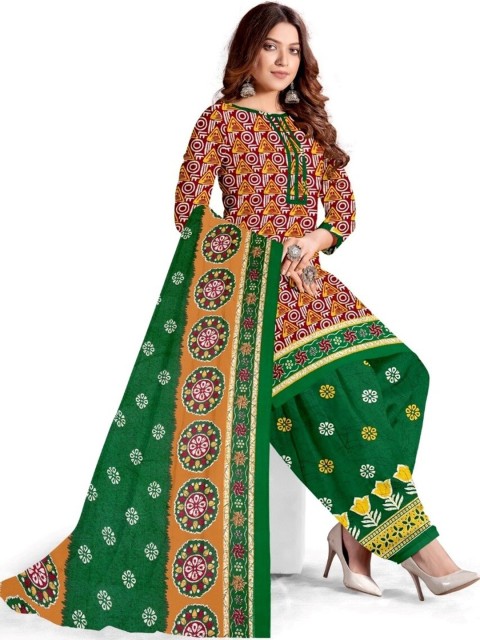 

INDIAN HERITAGE Maroon & Green Printed Silk Crepe Unstitched Dress Material