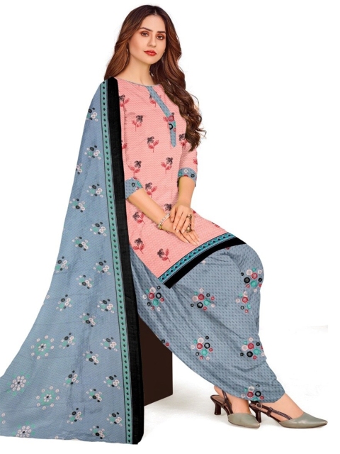 

INDIAN HERITAGE Pink & Blue Printed Silk Crepe Unstitched Dress Material
