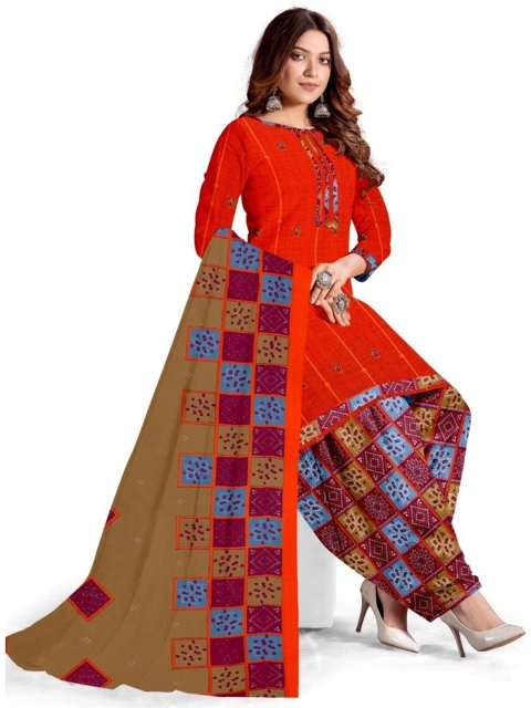 

INDIAN HERITAGE Red & Blue Printed Silk Crepe Unstitched Dress Material