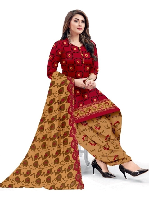 

INDIAN HERITAGE Red & Mustard Printed Silk Crepe Unstitched Dress Material