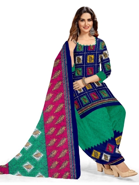 

INDIAN HERITAGE Navy Blue & Green Printed Silk Crepe Unstitched Dress Material