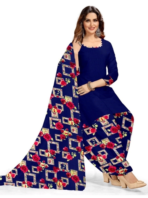 

INDIAN HERITAGE Navy Blue & Pink Printed Silk Crepe Unstitched Dress Material