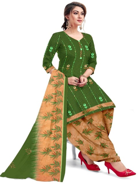 

INDIAN HERITAGE Green & Brown Printed Silk Crepe Unstitched Dress Material