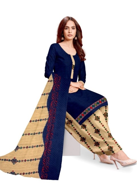 

INDIAN HERITAGE Navy Blue & Beige Printed Silk Crepe Unstitched Dress Material