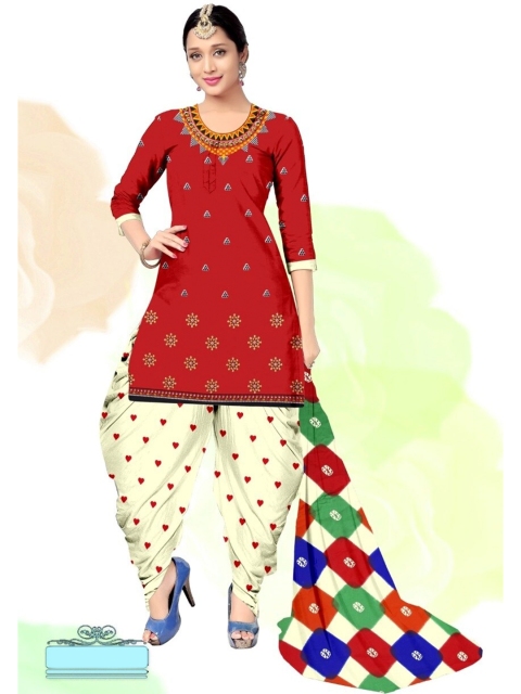 

INDIAN HERITAGE Red & Off White Printed Silk Crepe Unstitched Dress Material