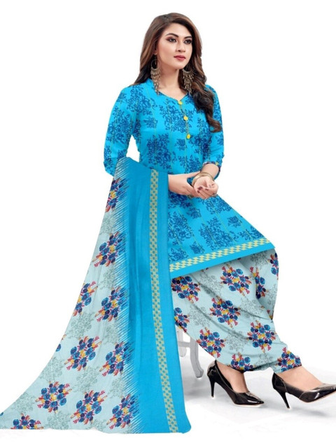 

INDIAN HERITAGE Blue & Yellow Printed Silk Crepe Unstitched Dress Material