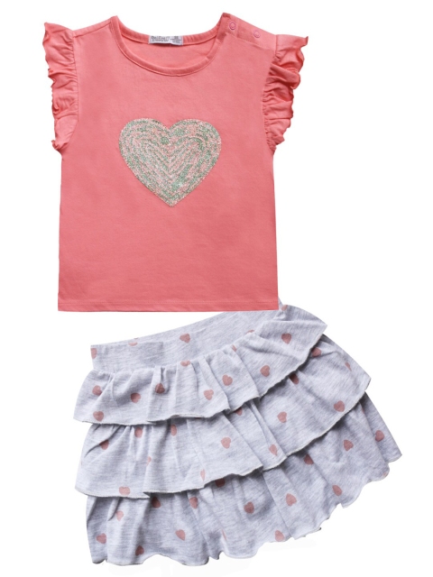 

milou Girls Peach & Grey Embellished Top with Skirt
