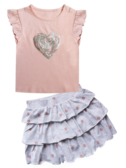 

milou Girls Peach-Coloured & Grey Printed Top with Skirt