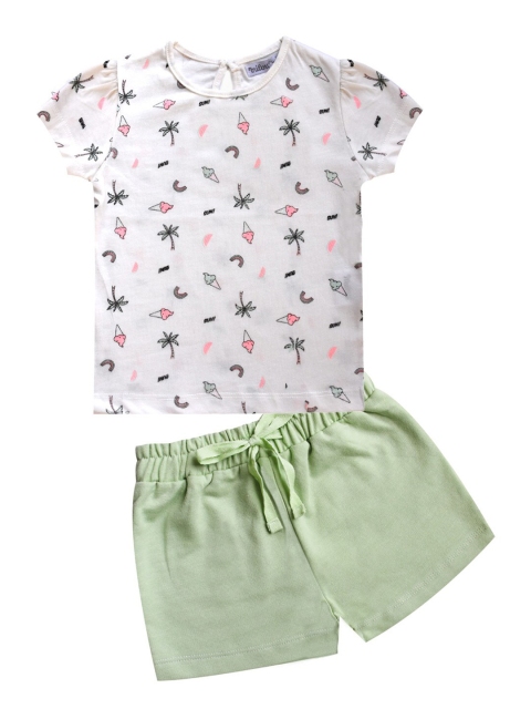 

milou Girls White & Green Printed Pure cotton T-shirt with Short