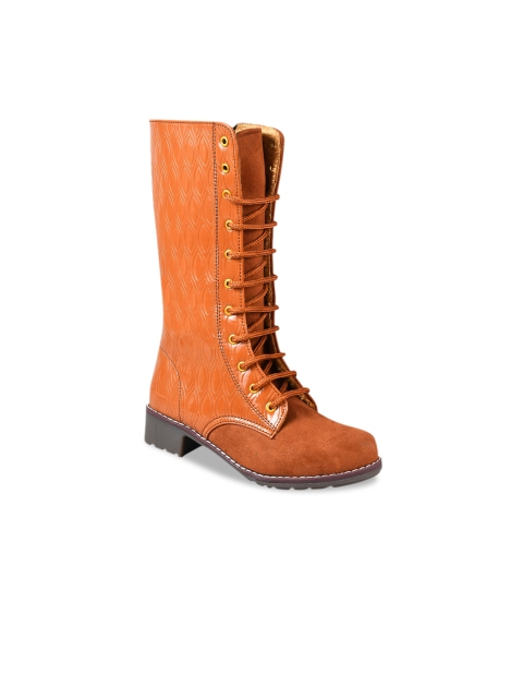 

Shoetopia Women Tan Printed Suede High-Top Flat Boots