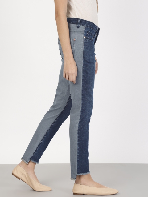 

ether Women Blue & Grey Slim Fit Mid-Rise Colourblocked Stretchable Jeans